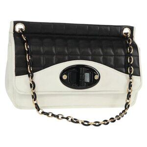 CHANEL Choco Bar Chain Shoulder Bag Lamb Skin Black White